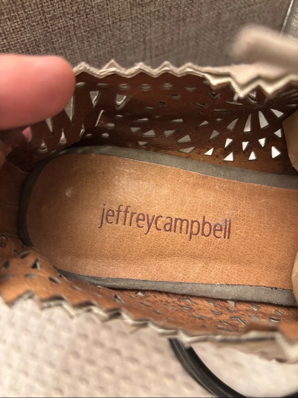Jeffrey Campbell Espejo 9 Taupe Tan Suede Leather Laser-Cut Lace-Up Wedge Sandal